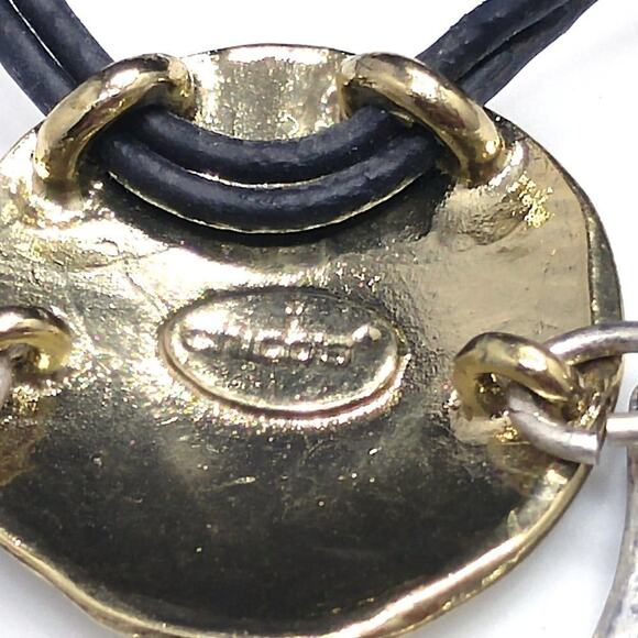 Chico's Long Gold Silver Hammered Pendant Necklace, Black Leather Cords, 35 Inch - Picture 11 of 11